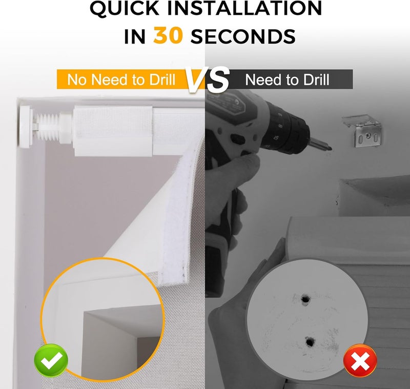 HOMEDEMO ستائر رومانية بدون حفر وبدون أدوات للنوافذ، تعتيم الغرفة، سهلة التركيب، قماش كتان، ستائر رول مخصصة للنوافذ، تركيب داخلي 36" عرض × 64" ارتفاع، أبيض رمادي - Image 2